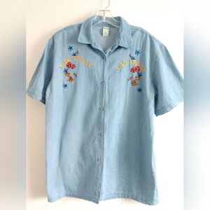 Fun Quirky Vintage Las Vegas Casino Shirt Blue Denim Embroidered Large Chest 40"